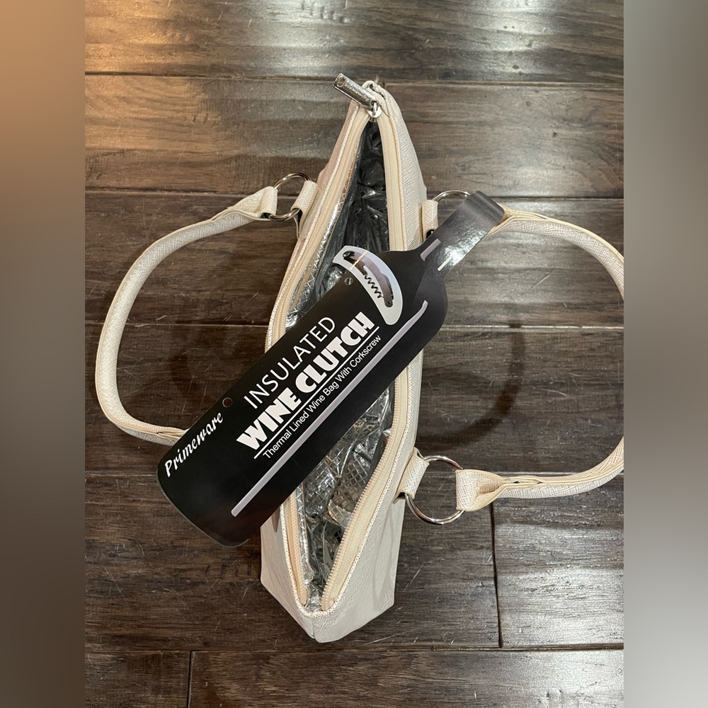 Insulated Wine Clutch & Corkscrew - Cream colored with a shimmery gold pattern